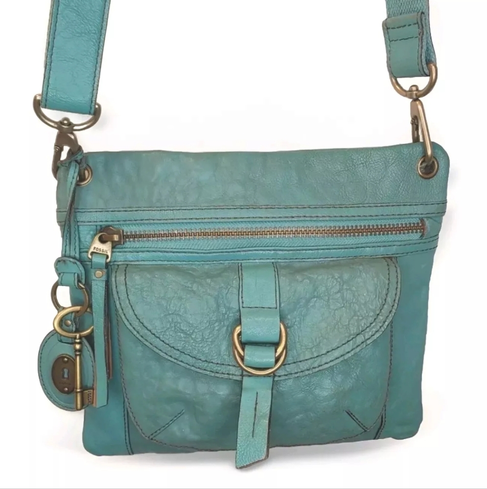 Fossil Sasha Turquoise Distressed Leather Purse Crossbody Bag Coastal Cowgirl - Picture 1 of 14
